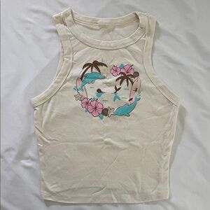 Suzieb Cream Tank Top with Dolphin and Floral Print